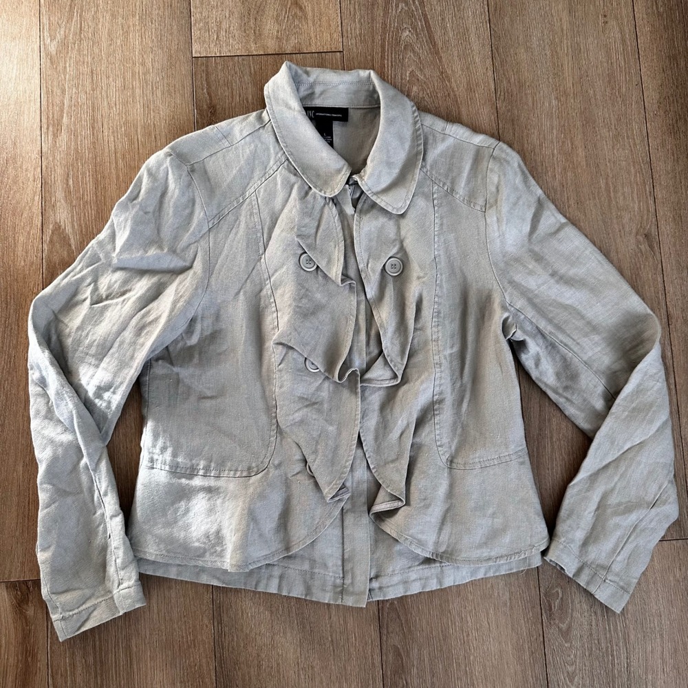 INC‎ International Concepts Gray 100% Linen Ruffle Zip Front Jacket Blazer Large